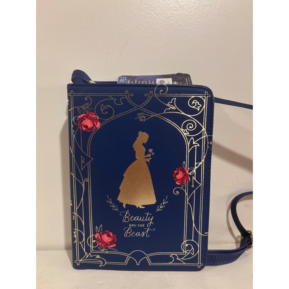 Disney Beauty and the Beast Book Crossbody Bag Navy Blue Belle Gold Foil NEW